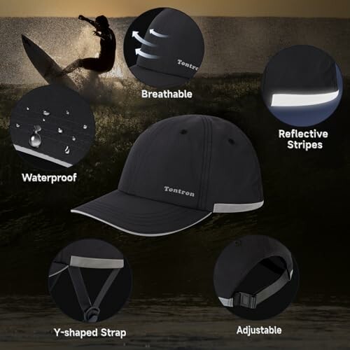 Black sport cap with features: breathable, waterproof, reflective stripes, adjustable, Y-shaped strap.