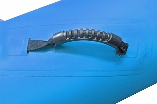 Close-up of a black handle on a blue kayak