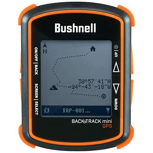 Bushnell BackTrack Mini GPS device with screen displaying coordinates and navigation.