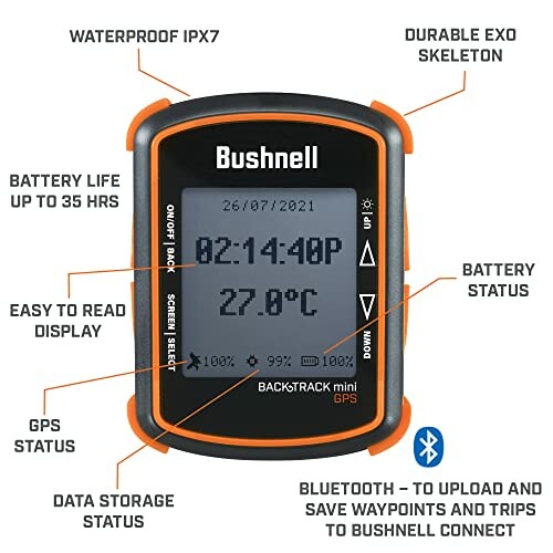 Bushnell BackTrack Mini GPS displaying time, temperature, and various features.