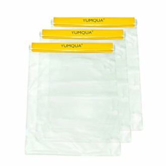 Three clear waterproof bags with yellow seals.