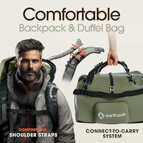 Man wearing backpack with duffel bag and connector system.