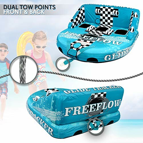 Inflatable water tube with dual tow points, featuring children playing in the background.