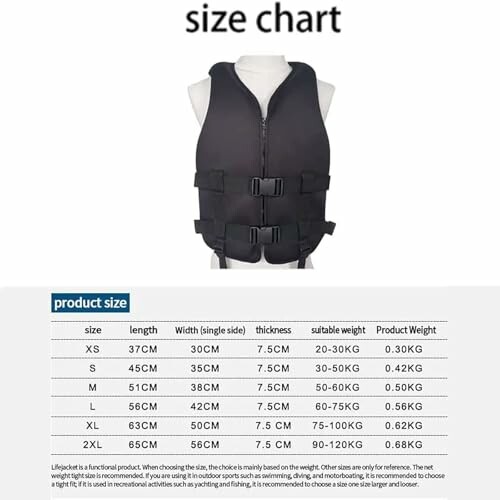 Life jacket size chart with measurements and weights.