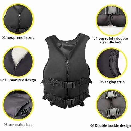 Neoprene life jacket with design features highlighted.