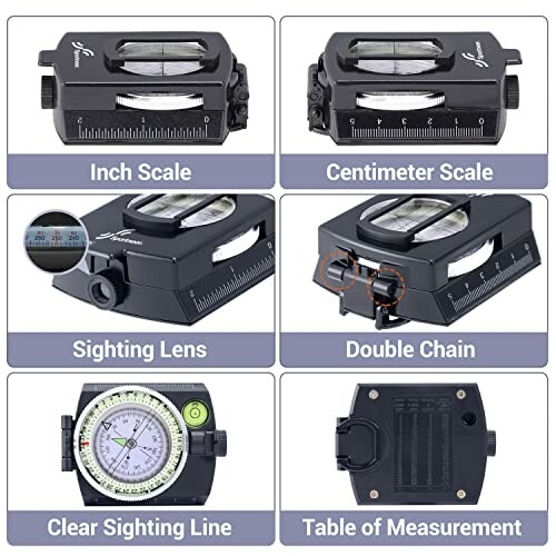 Features of an optical measurement tool with scales, sighting lens, and measurement table.