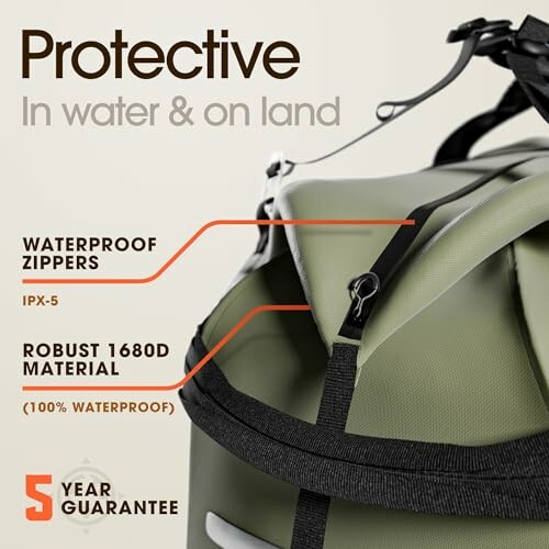 Close-up of a waterproof bag with waterproof zippers and robust 1680D material, offering a 5-year guarantee.