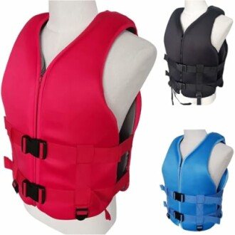 Three life jackets in red, blue, and black colors.