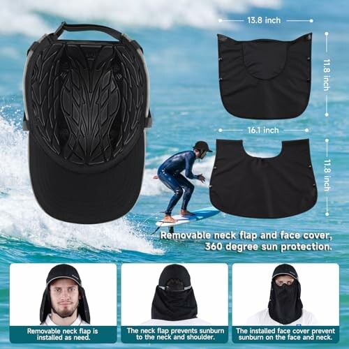 Sun protection cap with neck and face cover, surfer in background.