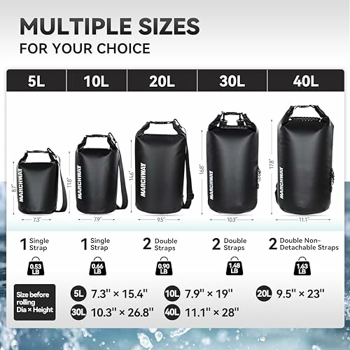 Comparison of waterproof dry bags in different sizes with dimensions and straps.