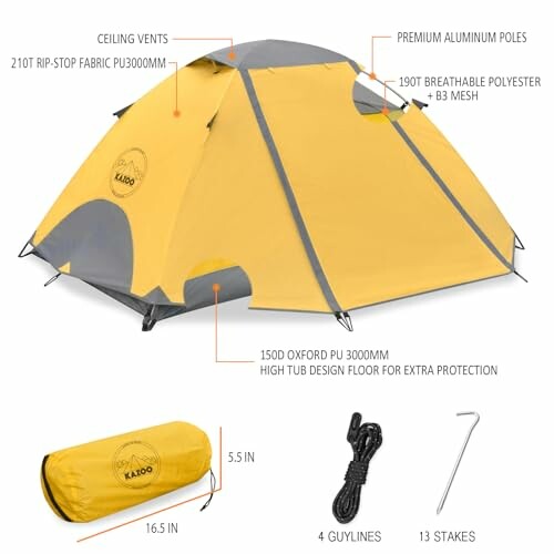 Yellow camping tent with poles, stakes, and guylines.